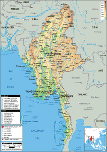 PHYSICAL Map of Myanmar